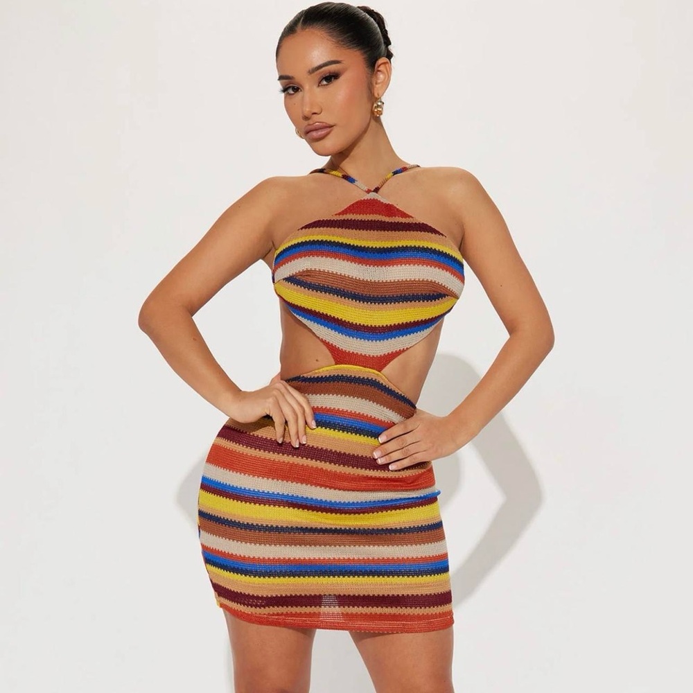 Colorful Striped Halter Crochet Dress